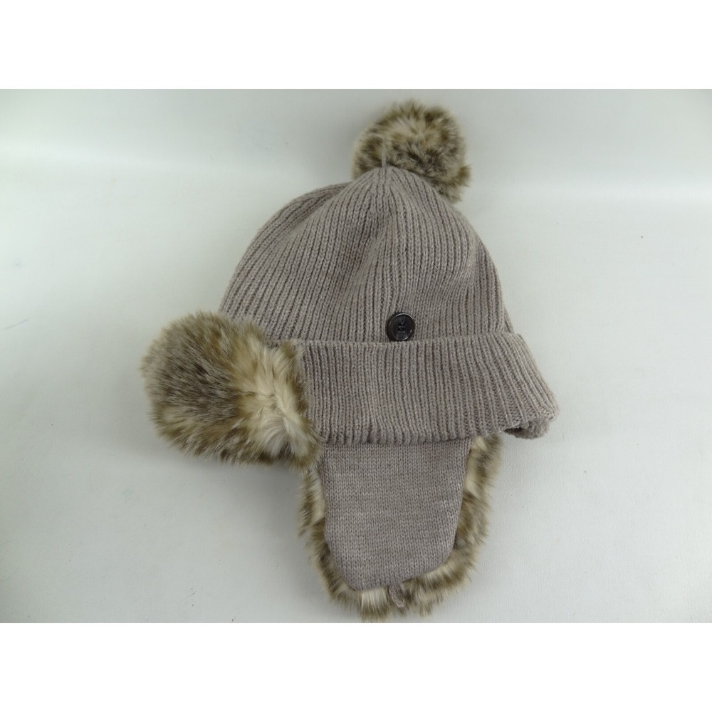 J. Jill Cozy Plush Lined Knit‎ Trapper Winter Hat Faux Fur Beige One Size